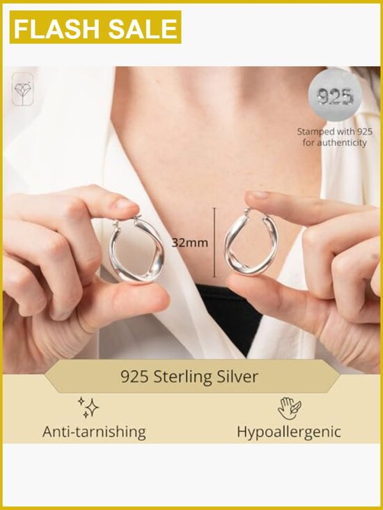 Chunky Hoop Earrings Sterling Silver Lightweight Hypoallergenic Click Top
